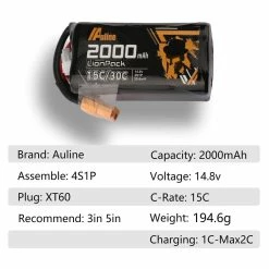 Auline 14.8V 4S 18650 2000mAh 30C Li-Ion Battery - XT60